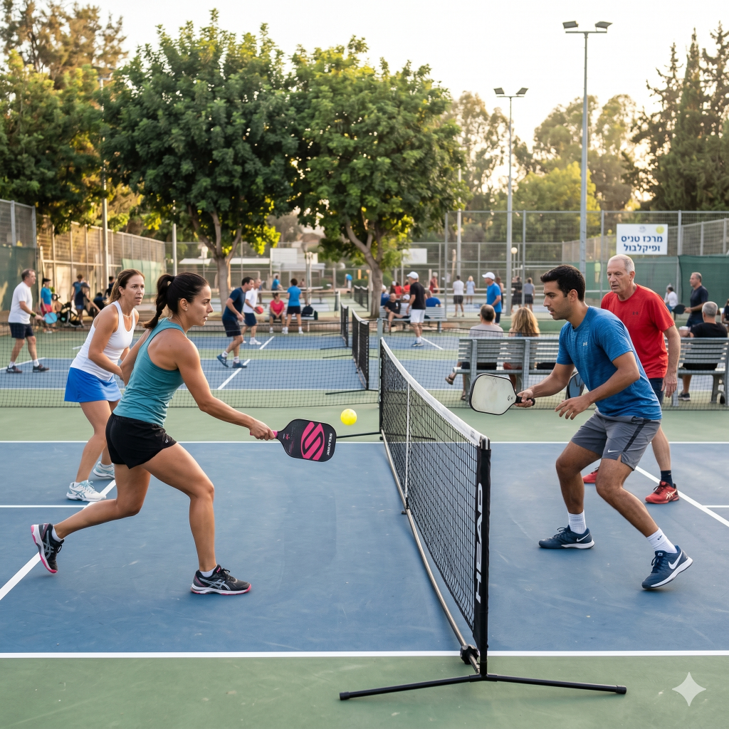שחקנים משחקים על מגרש פיקלבול מחודש ומסומן בקווים מדויקים, כחלק מעבודות צביעה וחידוש של מגרשי ספורט של יוספורט.