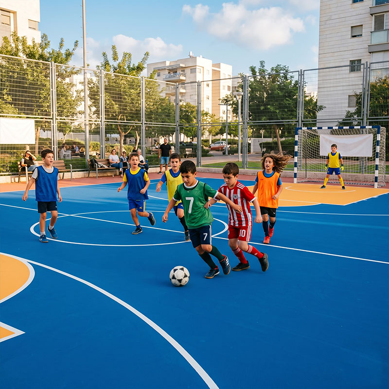 קט רגל במגרש כחול עם קווים לבנים ברורים ושחקנים בתנועה, כדור במרכז המשחק—יוספורט מתמחה ב צביעה וחידוש מגרשי ספורט.