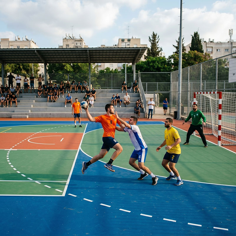 מגרש ספורט צבוע כחול וירוק עם קווים לבנים ומשטח אחיד, במהלך משחק כדור יד עם שחקנים בחולצות כתום וכחול